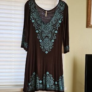 Voll Style Brown and Blue Graphic Midi Dress with 3/4 Sleeves